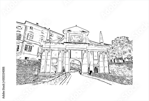 Building view with landmark of Bergamo is a city in the alpine Lombardy region of northern Italy. Hand drawn sketch illustration in vector.