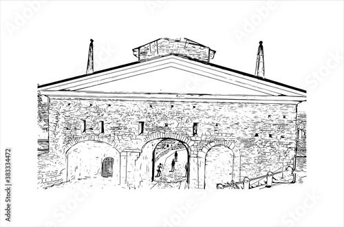 Building view with landmark of Bergamo is a city in the alpine Lombardy region of northern Italy. Hand drawn sketch illustration in vector.