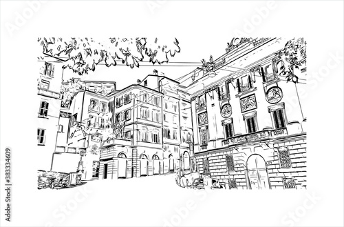 Building view with landmark of Bergamo is a city in the alpine Lombardy region of northern Italy. Hand drawn sketch illustration in vector.