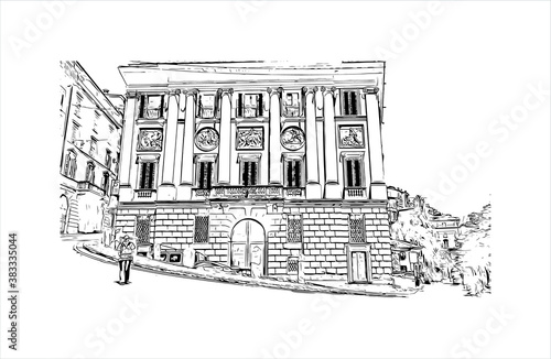 Building view with landmark of Bergamo is a city in the alpine Lombardy region of northern Italy. Hand drawn sketch illustration in vector.