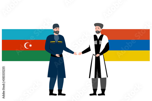 Armenian and azerbaijan men in traditional costumes against the background of the national flags of the countries. Cartoon flat vector illustration. international friendship of countries. 