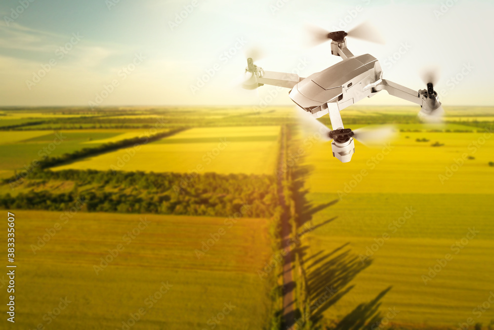 Fototapeta premium Modern drone flying over fields on sunny day. Aerial survey