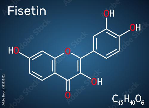 Fisetin molecule. It is plant flavonol from the flavonoid group of polyphenols. Structural chemical formula on the dark blue background.