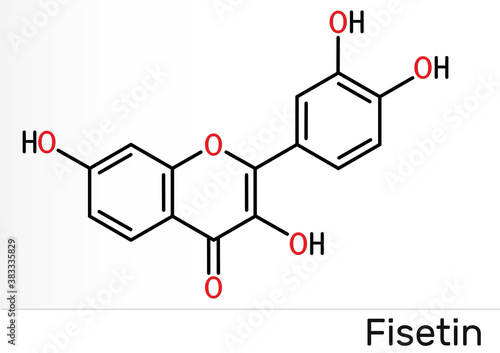 Fisetin molecule. It is plant flavonol from the flavonoid group of polyphenols. Skeletal chemical formula