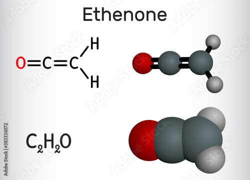 Ethenone, ketene, C₂H₂O molecule. Structural chemical formula and molecule model.