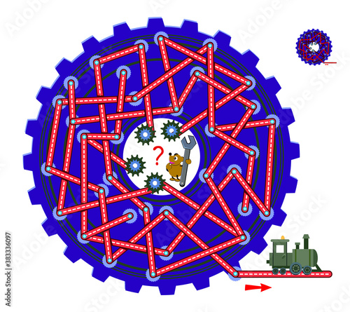 Logic puzzle game with labyrinth for children and adults. Help the worker find the path between the gears to the engine. Worksheet for kids brain teaser book. IQ test. Online playing. Flat vector.