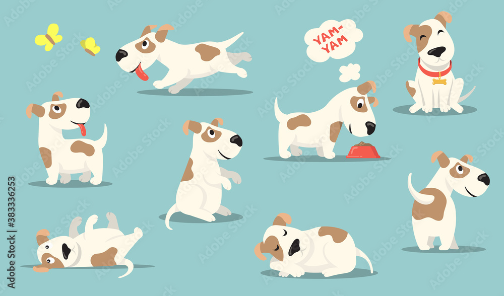 Happy small dog set. Cute funny puppy practicing different activities, hunting, playing, eating, sleeping. Vector illustrations collection for pet care, animal adoption, canine, breed concept