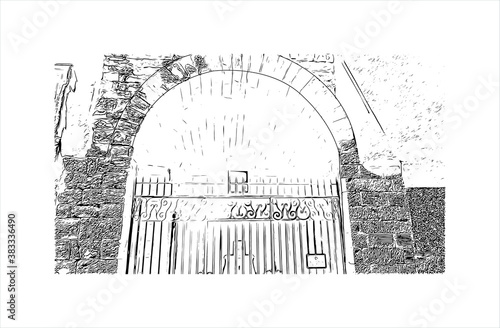 Building view with landmark of Bergamo is a city in the alpine Lombardy region of northern Italy. Hand drawn sketch illustration in vector.