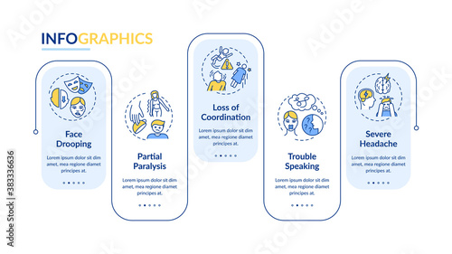 Brain stroke vector infographic template. Head trauma problems presentation design elements. Data visualization with 5 steps. Process timeline chart. Workflow layout with linear icons