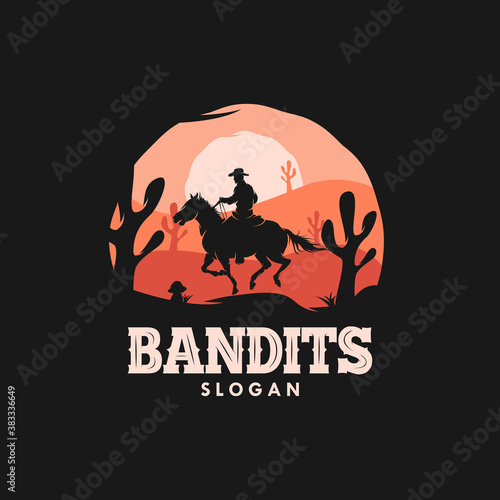 Bandit cowboy riding a horse in the sunset logo
