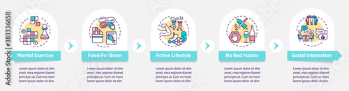 Brain health vector infographic template. Avoid bad habits. Active lifestyle presentation design elements. Data visualization with 5 steps. Process timeline chart. Workflow layout with linear icons