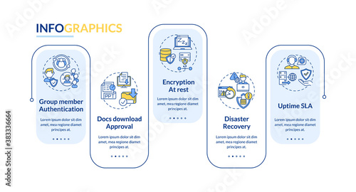 Telework tool security parameters vector infographic template. Disaster recovery presentation design elements. Data visualization 5 steps. Process timeline chart. Workflow layout with linear icons