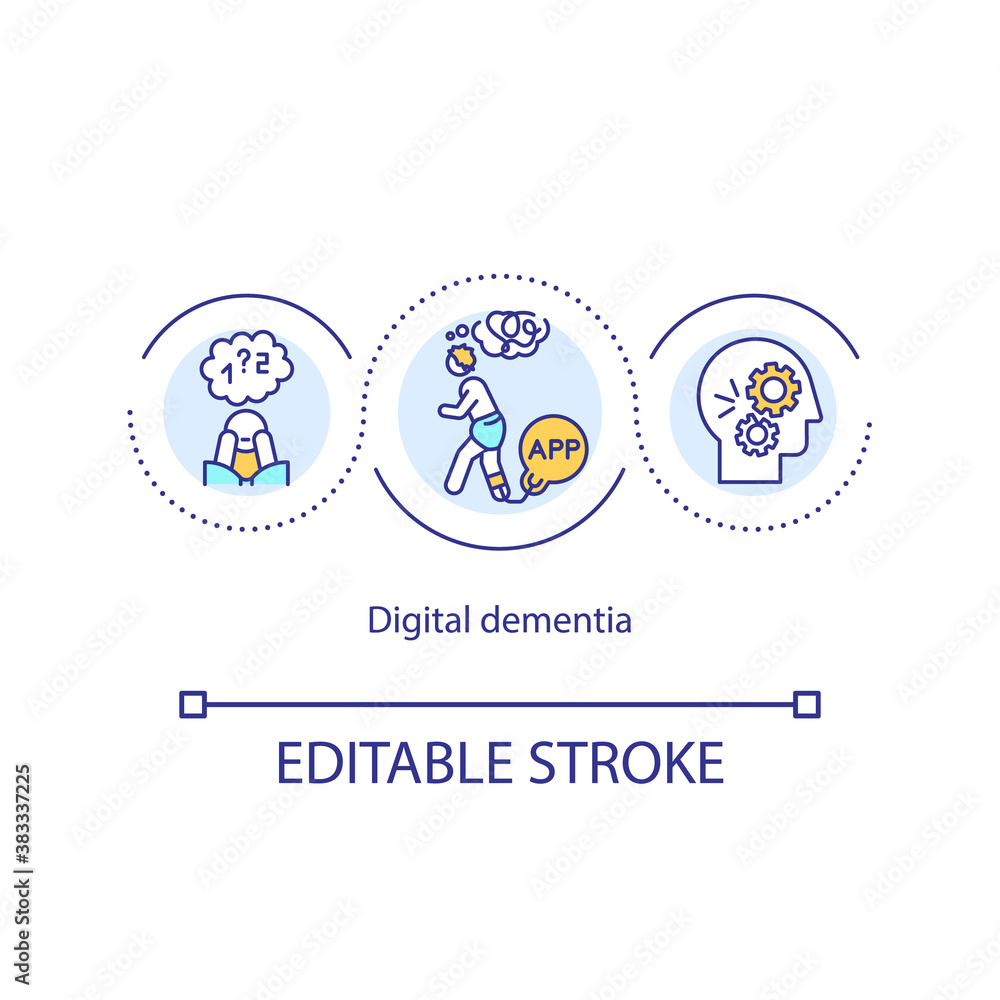 Digital dementia concept icon. Gadget and smartphone addiction. Social media detox. Health problem idea thin line illustration. Vector isolated outline RGB color drawing. Editable stroke Digital dementia concept icon. Gadget and smartphone addiction. Social media detox. Health problem idea thin line illustration. Vector isolated outline RGB color drawing. Editable stroke