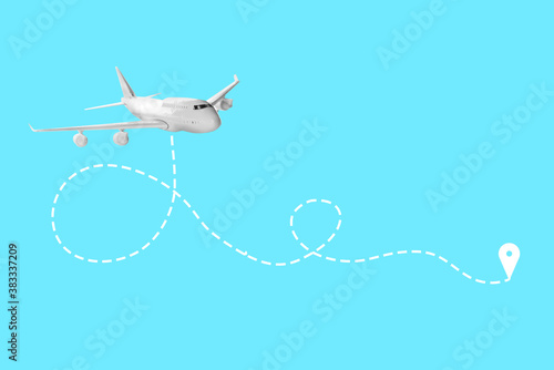 Flight direction illustration. Plane and pin connected by dashed line on light blue background