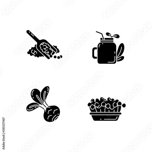 Greens variety black glyph icons set on white space. Fruity smoothie types. Microgreens garden ideas. Quinoa seeds. Natural kohlrabi. Silhouette symbols. Vector isolated illustration