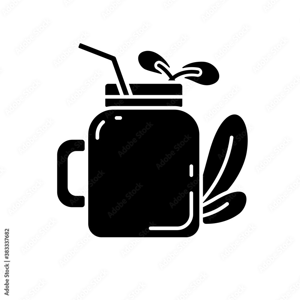 Obraz premium Smoothie black glyph icon. Tasty organic fruity drinks ideas. Vegan meals variety. Eco lifestyle. Glass with leaves. Vegetarian meals. Silhouette symbol on white space. Vector isolated illustration