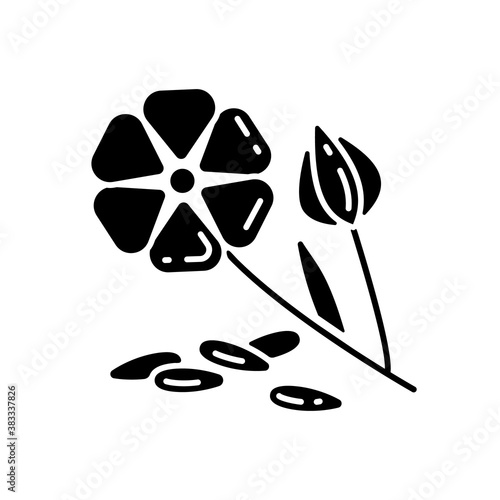 Flaxseed black glyph icon. Healthy eating plan. Nutrition eco food. Vegan dieting. Organic flower with seeds. Superfoods types. Silhouette symbol on white space. Vector isolated illustration