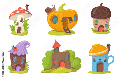 Cute fantasy houses flat set for web design. Cartoon fairy and magical housing village for forest elves and gnomes isolated vector illustration collection. Fantasy for kids and landscape concept
