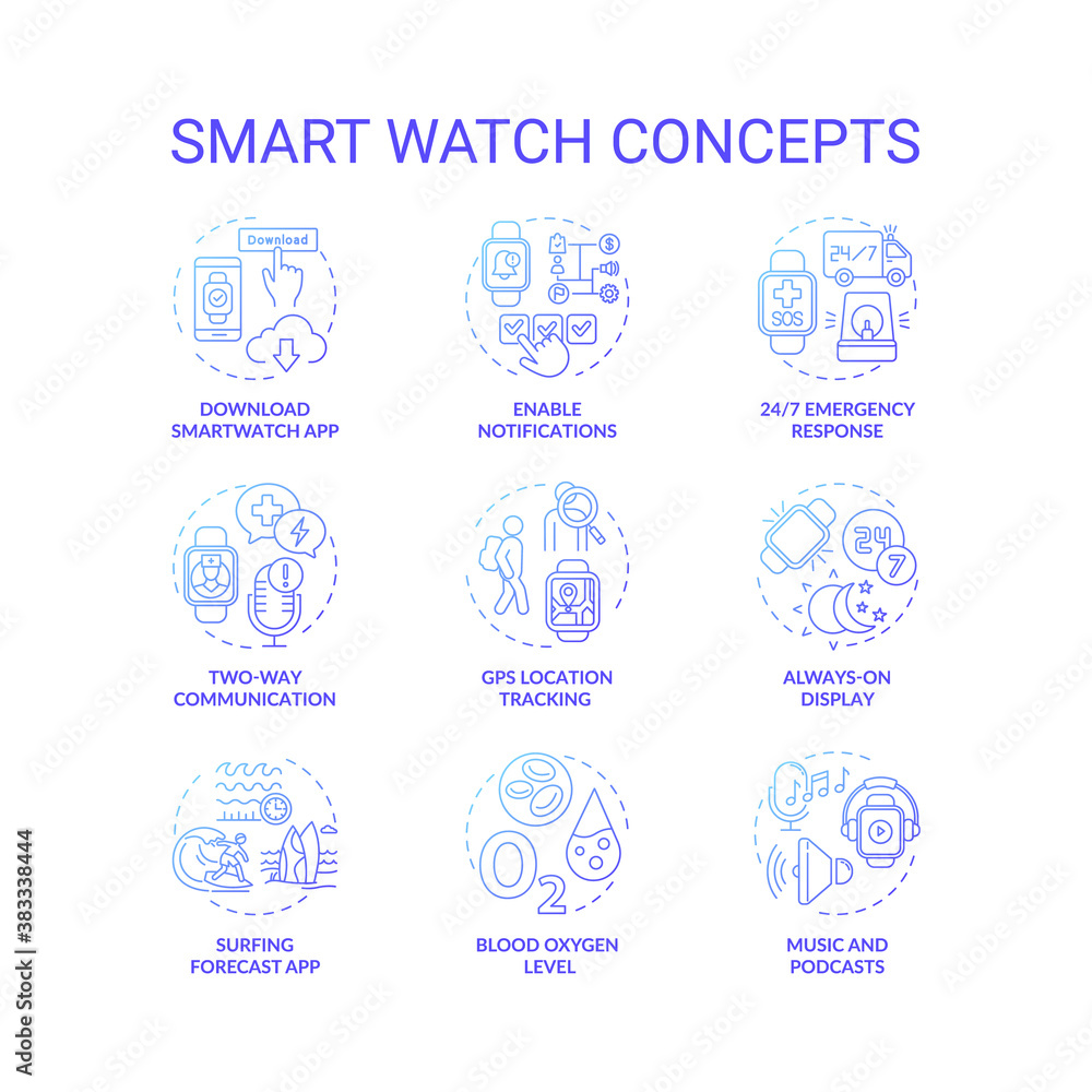 Smart watch concept icons set. Device functions idea thin line RGB color illustrations. Notifications. Download app. Two-way communication. Always-on display. Vector isolated outline drawings