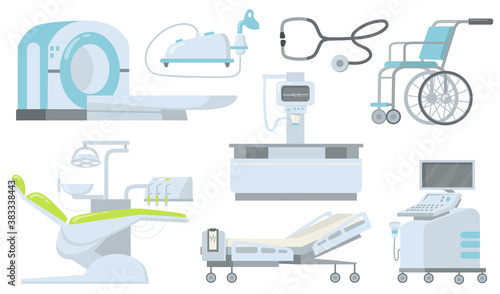 Clinic and hospital medical devices flat item set. Cartoon equipment for MRI, radiology, mammography. Dentist chair and wheelchair isolated vector illustration collection. Health and medicine concept