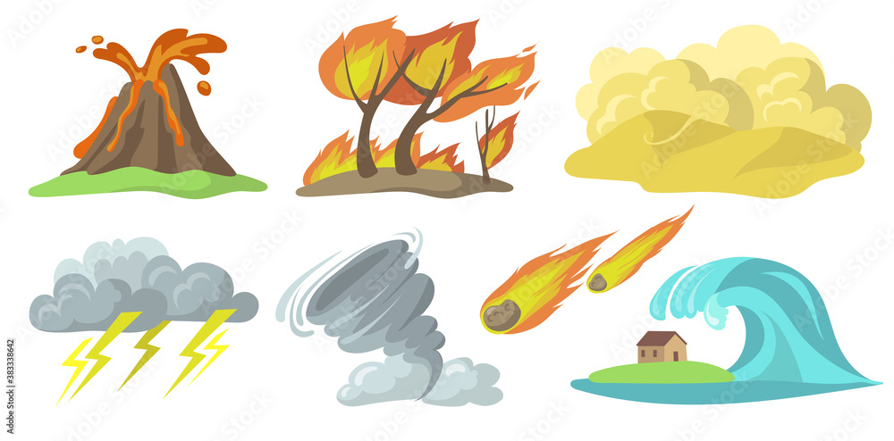 Colorful natural disasters flat set for web design. Cartoon volcanic  eruption, fire, storm, tornado and tsunami isolated vector illustration  collection. Nature cataclysm and catastrophe concept Stock Vector | Adobe  Stock