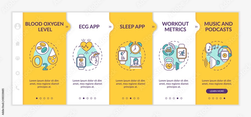 Smartwatch functions onboarding vector template. Blood oxygen level. Sleep app. Music player. Responsive mobile website with icons. Webpage walkthrough step screens. RGB color concept