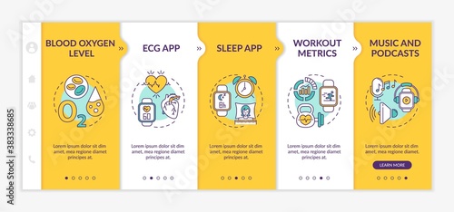 Smartwatch functions onboarding vector template. Blood oxygen level. Sleep app. Music player. Responsive mobile website with icons. Webpage walkthrough step screens. RGB color concept