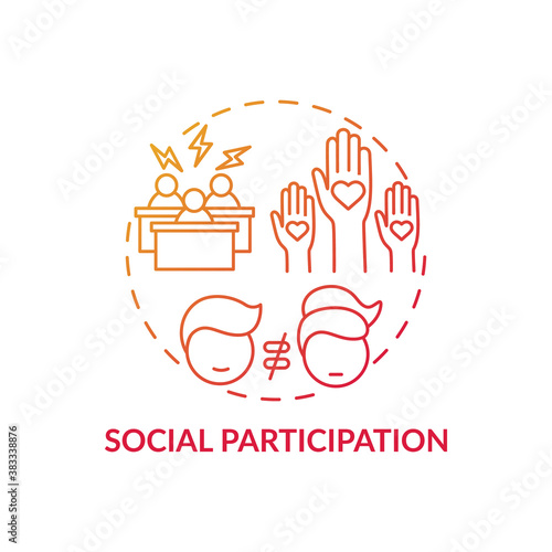 Social participation concept icon. Gender gap criteria. Ways of changing group life. Mananging community members life idea thin line illustration. Vector isolated outline RGB color drawing