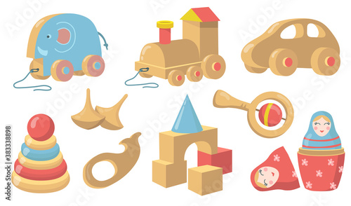 Vintage wooden toys flat item set. Cartoon old style car, cubes, rattle and devices made of wood isolated vector illustration collection. Childhood and retro toys concept