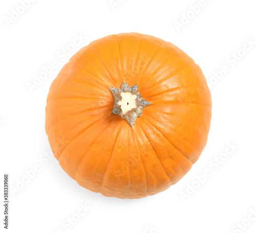 Fresh ripe pumpkin isolated on white, top view. Organic plant