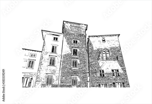 Building view with landmark of Bergamo is a city in the alpine Lombardy region of northern Italy. Hand drawn sketch illustration in vector.