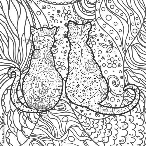 Square pattern. Cats on abstract ornate shape. Hand drawn abstract pattern. Black and white illustration