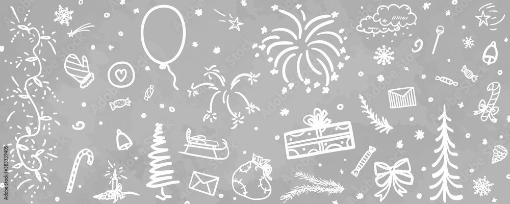 Hand drawn christmas pattern. Xmas elements. Black and white illustration Hand drawn christmas pattern. Xmas elements. Black and white illustration