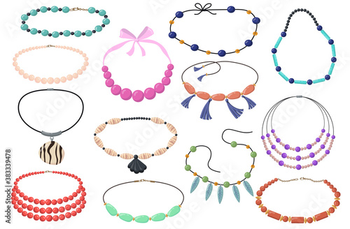 Beautiful necklaces with beads flat set for web design. Cartoon chain and collar necklet with gems or diamonds isolated vector illustration collection. Jewelry and accessory concept