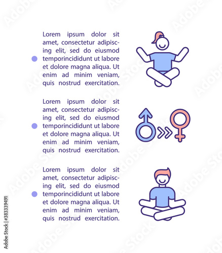 Transgender concept icon with text. Women to men transition. Female and male identity. Gender issues PPT page vector template. Brochure, magazine, booklet design element with linear illustrations