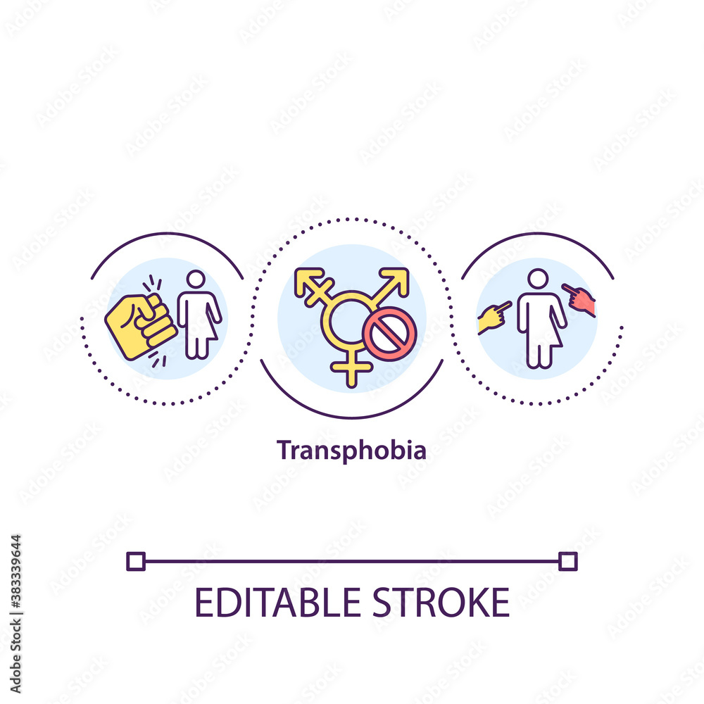 Transphobia concept icon. Social discrimination. Harassment and bullying towards transgender. Gender issues idea thin line illustration. Vector isolated outline RGB color drawing. Editable stroke Transphobia concept icon. Social discrimination. Harassment and bullying towards transgender. Gender issues idea thin line illustration. Vector isolated outline RGB color drawing. Editable stroke