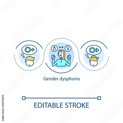 Gender dysphoria concept icon. Psychological crisis. Human sex and identity. Hormone problem. Gender issues idea thin line illustration. Vector isolated outline RGB color drawing. Editable stroke