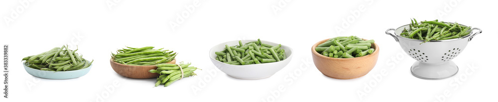 Set of fresh green beans on white background. Banner design Set of fresh green beans on white background. Banner design