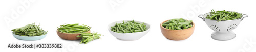 Set of fresh green beans on white background. Banner design