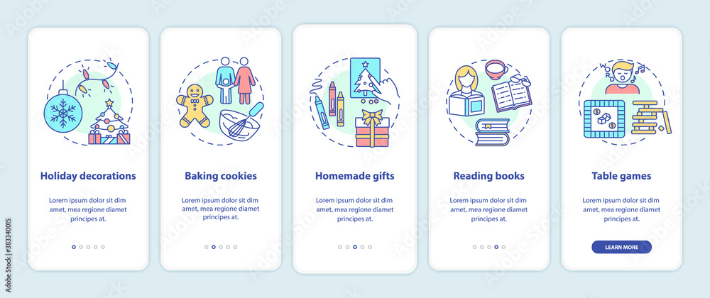 Christmas vacation ideas onboarding mobile app page screen with concepts. Holiday decor, baking cookies walkthrough 5 steps graphic instructions. UI vector template with RGB color illustrations Christmas vacation ideas onboarding mobile app page screen with concepts. Holiday decor, baking cookies walkthrough 5 steps graphic instructions. UI vector template with RGB color illustrations