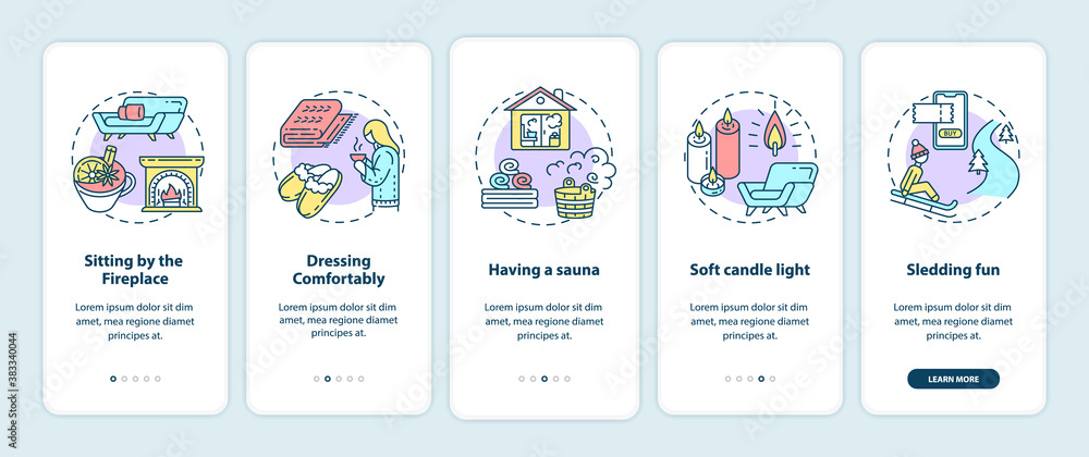 Hygge lifestyle for cozy winter onboarding mobile app page screen with concepts. Fireplace, comfort style walkthrough 5 steps graphic instructions. UI vector template with RGB color illustrations Hygge lifestyle for cozy winter onboarding mobile app page screen with concepts. Fireplace, comfort style walkthrough 5 steps graphic instructions. UI vector template with RGB color illustrations