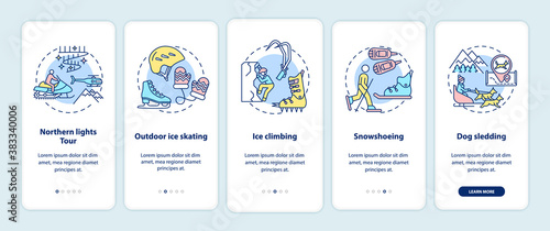 Winter outdoor activities onboarding mobile app page screen with concepts. Northern light tour, ice climbing walkthrough 5 steps graphic instructions. UI vector template with RGB color illustrations