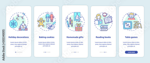 Christmas vacation ideas onboarding mobile app page screen with concepts. Holiday decor, baking cookies walkthrough 5 steps graphic instructions. UI vector template with RGB color illustrations