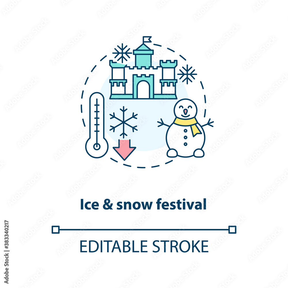 Ice and snow festival concept icon. Vacation destination idea thin line illustration. Winter festival. Ice sculptures. Exhibition areas. Vector isolated outline RGB color drawing. Editable stroke Ice and snow festival concept icon. Vacation destination idea thin line illustration. Winter festival. Ice sculptures. Exhibition areas. Vector isolated outline RGB color drawing. Editable stroke