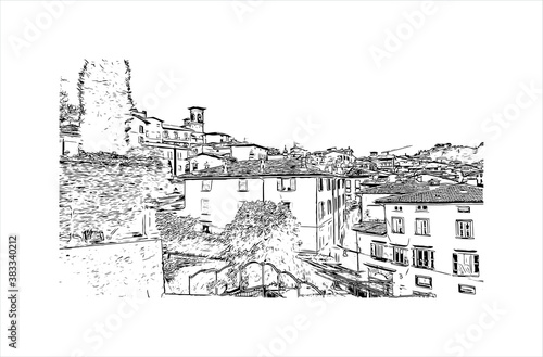 Building view with landmark of Bergamo is a city in the alpine Lombardy region of northern Italy. Hand drawn sketch illustration in vector.