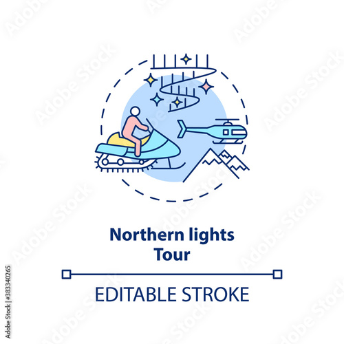 Northern lights tour concept icon. Winter outdoor activity idea thin line illustration. Aurora borealis. Spectacular natural phenomenon. Vector isolated outline RGB color drawing. Editable stroke