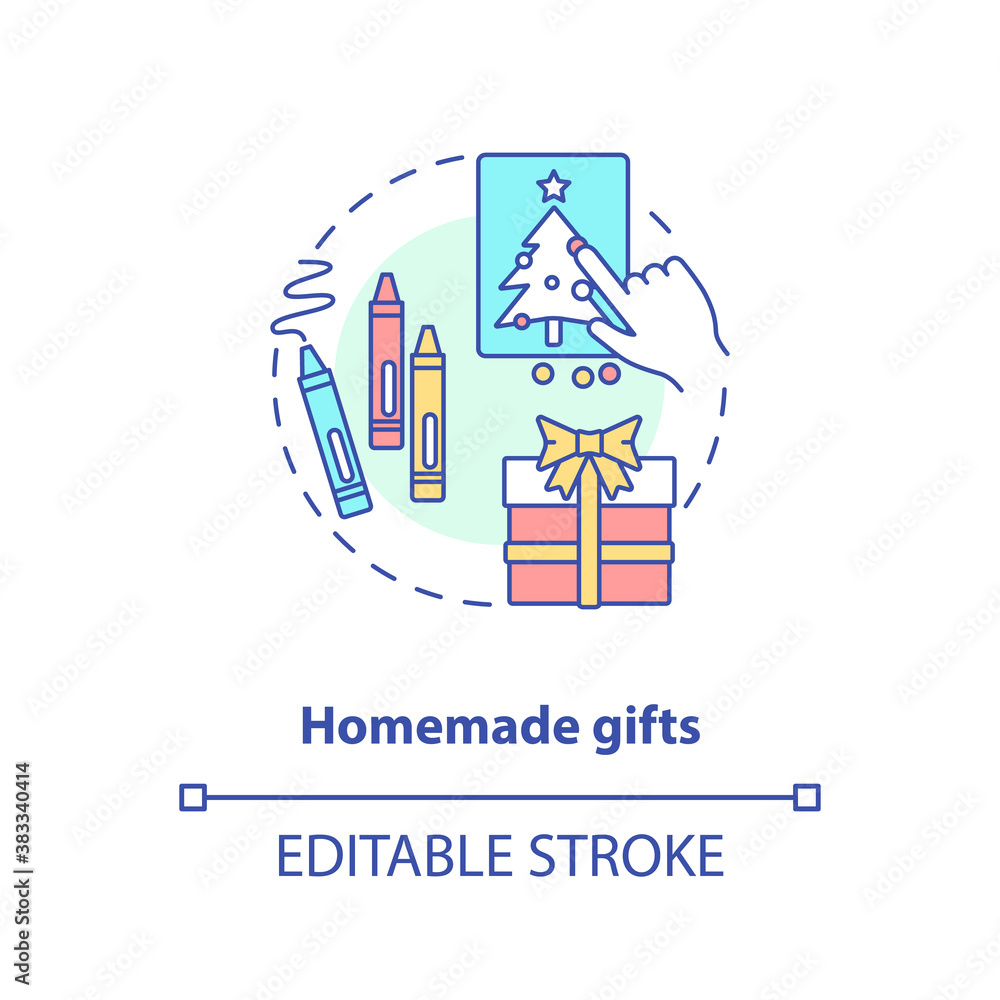 Homemade gifts concept icon. Christmas holiday idea thin line illustration. Crafting skills. Creative DIY presents. Wrapping. Vector isolated outline RGB color drawing. Editable stroke