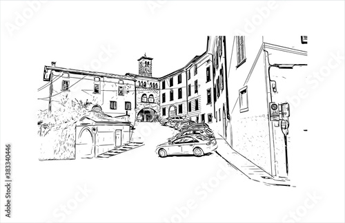 Building view with landmark of Bergamo is a city in the alpine Lombardy region of northern Italy. Hand drawn sketch illustration in vector.