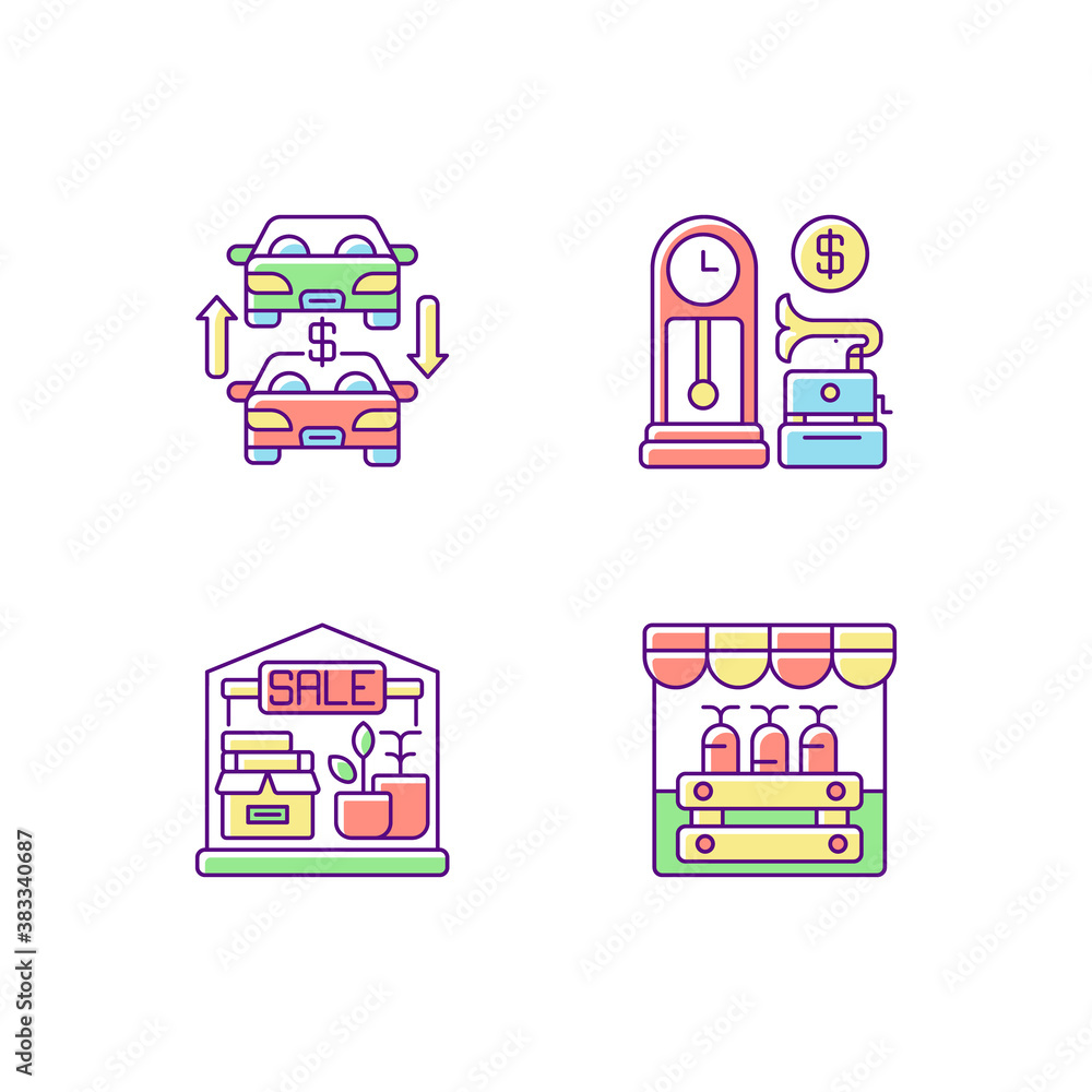 Flea market RGB color icons set. Antique store, auto trade, garage sale and public market. Selling old and second hand products. Isolated vector illustrations