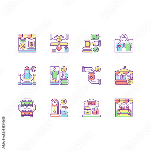 Outlet store RGB color icons set. Retail business, different commercial services. Discount shopping. Various sales and trading forms. Isolated vector illustrations